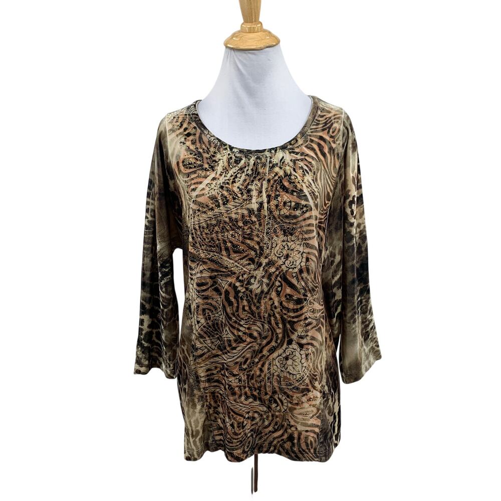 Chicos Top Womens 1 Velvet Burnout Animal Print Lace Trim Rhinestone Embellished